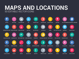 50 maps and locations set icons such as add location, add to map, africa, airport pin, arrow on map, bank pin, building pin, center, church. simple modern isolated vector icons can be use for web