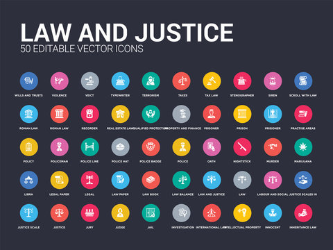 50 Law And Justice Set Icons Such As Inheritance Law, Innocent, Intellectual Property, International Law, Investigation, Jail, Judge, Jury, Justice. Simple Modern Isolated Vector Icons Can Be Use