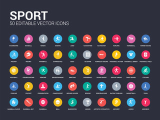 50 sport set icons such as aerobics, aikido, archery, artistic gymnastics, award, badminton, ball, baseball, baseball bat. simple modern isolated vector icons can be use for web mobile