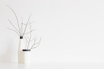 Flower in white, design vase against white wall. Mock up