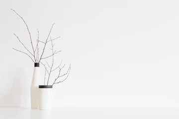 Fototapeten Flower in white, design vase against white wall. Mock up © mallmo