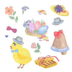 Easter holidays set, Spring holidays, Hand drawn watercolor composition