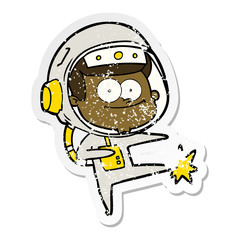 distressed sticker of a happy astronaut cartoon