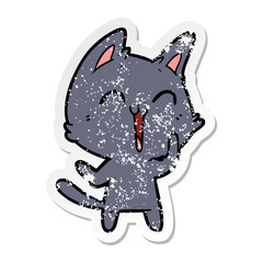 distressed sticker of a happy cartoon cat