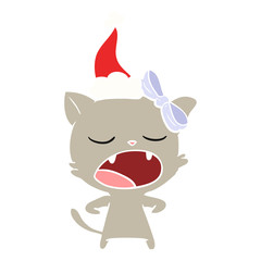 flat color illustration of a yawning cat wearing santa hat