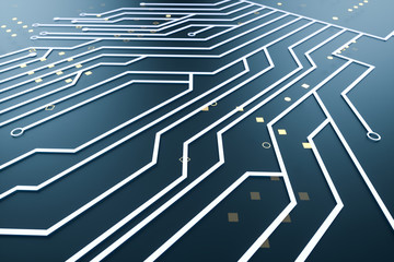 golden glowing circuit components, 3d rendering