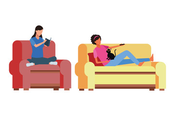 faceless women relax with cat living room