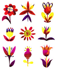 Bright floral set isolated on white. Watercolor colorful plants and flowers in folk style. Decorative botanical elements for fashion prints, poster, banner, wrapper or surface.