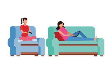 faceless women playing videogames living room