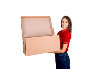 Young delivey person is holding a big opened parcel box isolated on white background