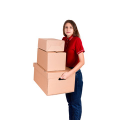 Tired delivery woman is holding a stack of heavy cardboard boxes. Pretty girl is exhausted after hard day isolated on white background
