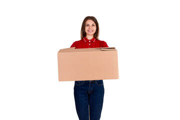 Smiling delivery person is giving a parcel to a customer isolated on white background