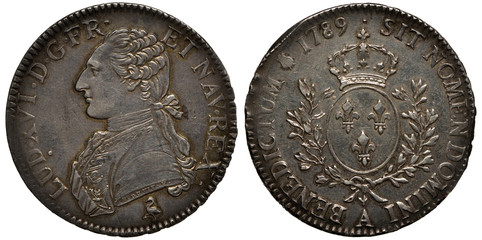 France French silver coin 1 one ecu 1789, bust of King Louis XVI (later beheaded during French...