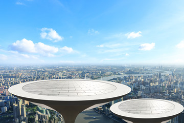 Empty floor platform and modern city skyline with buildings in Shanghai