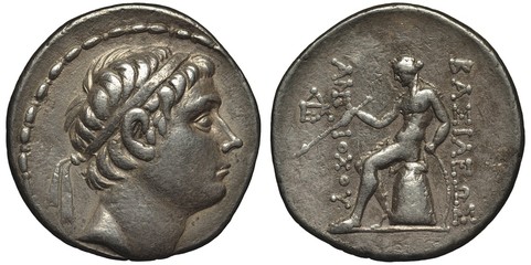 Seleucid Empire ancient silver coin tetradrachm 223-210 B.C., ruler Antiochus III the Great, Tsar’s head in diadem right, city of Antioch mint, head in diadem, sitting Apollo holding arrow, 