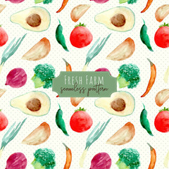 fresh farm fruit and vegetable watercolor seamless pattern