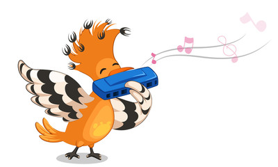 Hoopoe bird playing mouth organ cartoon vector illustration