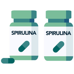 Spirulina, a supplement made from blue-green algae, bottle of pills