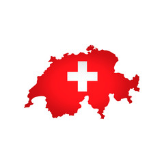 Vector isolated simplified illustration icon with silhouette of Switzerland map. National Swiss flag (red, white colors). White background