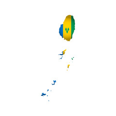 Vector isolated simplified illustration icon with silhouette of Saint Vincent and the Grenadines map. National flag (yellow, green, blue colors). White background