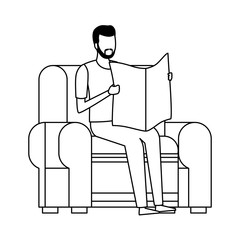 faceless man reading and chair in black and white