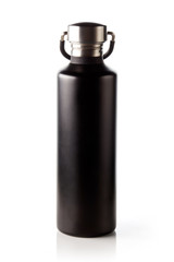 Black metal water bottle isolated on white