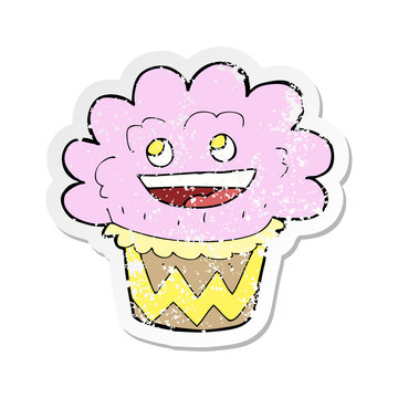 retro distressed sticker of a cartoon happy cupcake