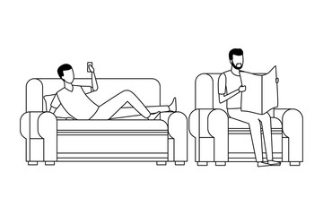 faceless men reading living room in black and white