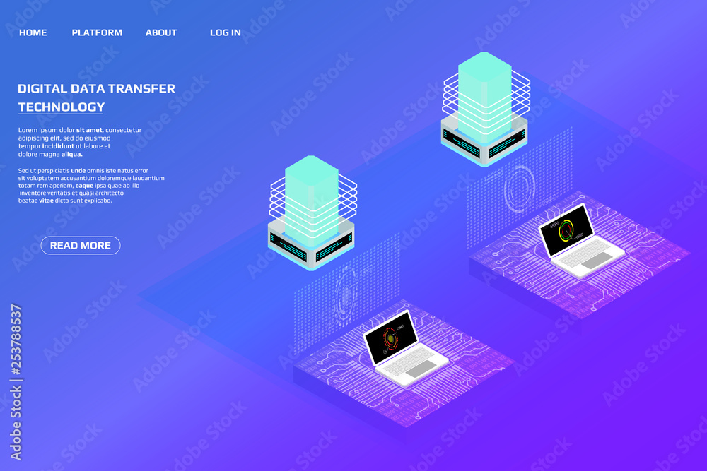 Poster Digital Data Communication Isometric Computer Network Business Connection Transfer. Abstract Futuristic Circuit Board Square Base Element Concept Personal Identification Illustration.