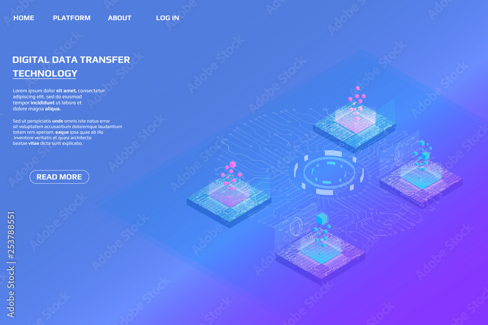 Leinwandbilder Digital Data Communication Isometric Computer Network Business Connection Transfer. Abstract Futuristic Circuit Board Square Base Element Concept Personal Identification Illustration.