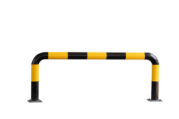 yellow and black striped steel bollards isolate on white background with cliping path. U shape metal barrier. traffic equipment.