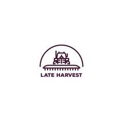 Pixel perfect farming logo. Front view of tractor for farming with cultivator. Line style vector illustration. Agriculture vehicle with farm implement for tillage. Farm harvest engine vehicle.