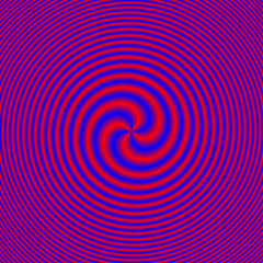 Four Tailed Spiral in Red and Blue / An abstract fractal image with a four tailed spiral design in red on a blue background.