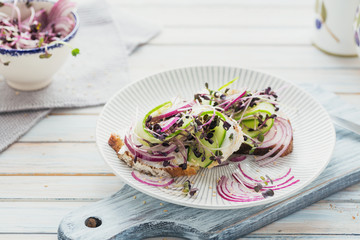 Healthy vegetarian bruschettas with bread, micro greens, cheese, cucumbers and red onion on light rustic wooden table
