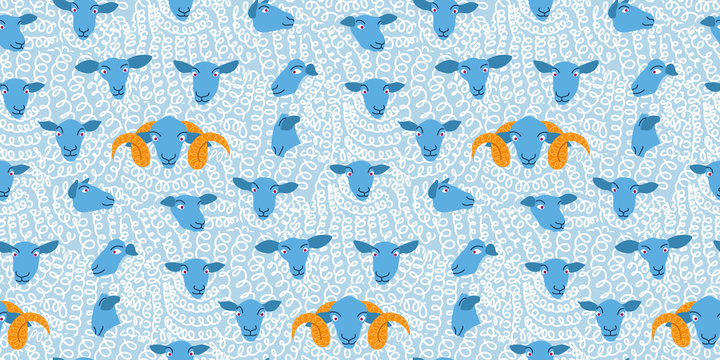 Sheep seamless background pattern wallpaper vector flock group with cute funny cartoon characters. Lamb poddy ewe jumbuck mutton childish infantile. Comic comical decoration textile fabric cloth. 