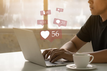 Asian man hands using laptop for social media marketing ecommerce concept