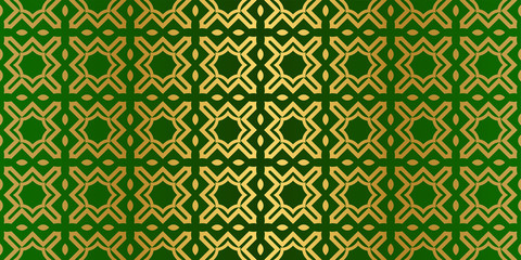 Seamless Patterns Set, Abstract Traditional Geometric Texture. Ornament For Interior Design, Greeting Cards, Birthday Or Wedding Invitations, Paper Print. Ethnic Background In East Style. Green gold