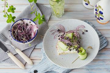 Healthy vegetarian bruschettas with bread, micro greens, cheese, cucumbers and red onion on light rustic wooden table