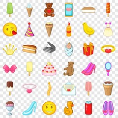Happy birthday icons set. Cartoon style of 36 happy birthday vector icons for web for any design