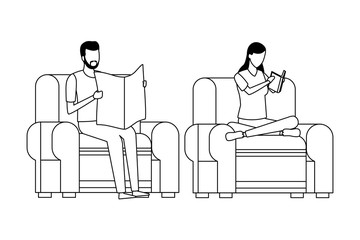 faceless couple reading living room in black and white