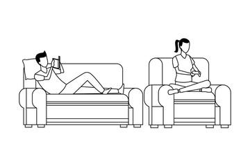 faceless people relax with cat living room in black and white