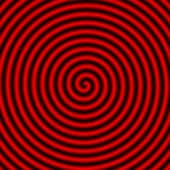 A monochrome abstract fractal image with a coiled tube design in red.