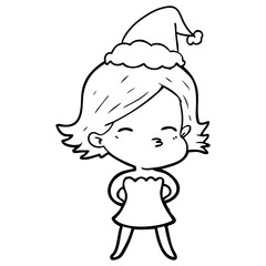 line drawing of a woman wearing santa hat