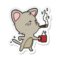 sticker of a cartoon cat with coffee and cigar