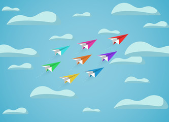 Naklejka premium paper plane red and colorful competition charged up to the sky while flying above a cloud. business finance success. leadership. creative idea. startup. illustration cartoon vector