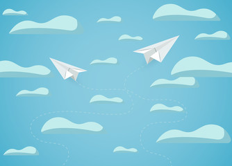 paper plane white flying up to the sky while fly above a cloud. business finance success. leadership. creative idea. startup. illustration cartoon vector