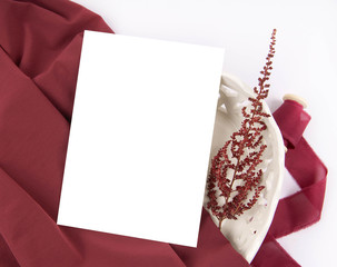 Burgundy wedding invitation mockup with astilbe flower
