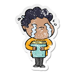 distressed sticker of a cartoon man crying