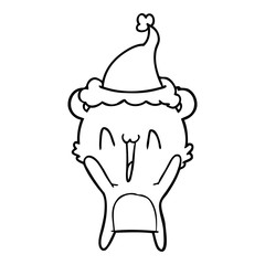 happy bear line drawing of a wearing santa hat