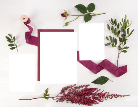 Burgundy Wedding Invitation Mockup Set With Envelope And Astilbe